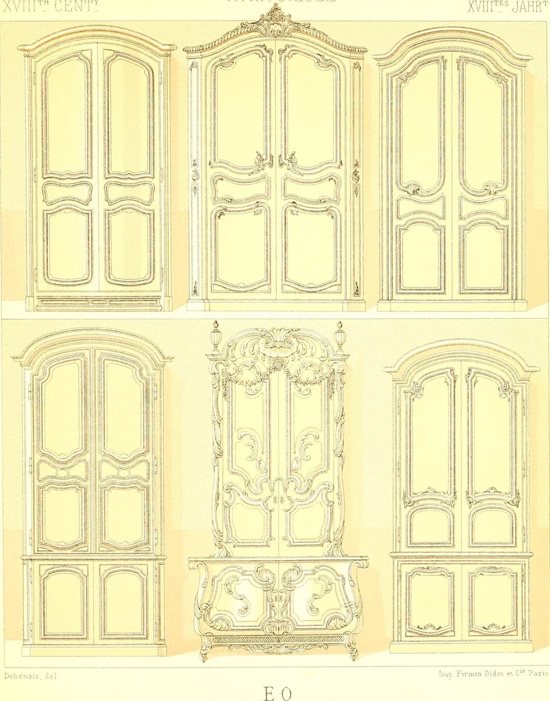 An illustration from Le costume historique. Cinq cents planches, trois cents en couleurs, or et argent, deux cents en camaieu. Types principaux du vêtement et de la parure, rapprochés de ceux de l'intérieur de l'habitation dans tous les temps et chez tous les peuples, avec de nombreux détails sur le mobilier, les armes, les objets usuels, les moyens de transport, etc, 1888, leaf 354