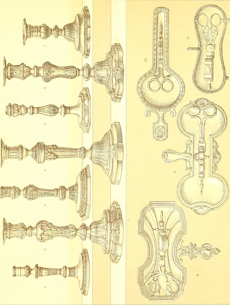 An illustration from Le costume historique. Cinq cents planches, trois cents en couleurs, or et argent, deux cents en camaieu. Types principaux du vêtement et de la parure, rapprochés de ceux de l'intérieur de l'habitation dans tous les temps et chez tous les peuples, avec de nombreux détails sur le mobilier, les armes, les objets usuels, les moyens de transport, etc, 1888, leaf 358