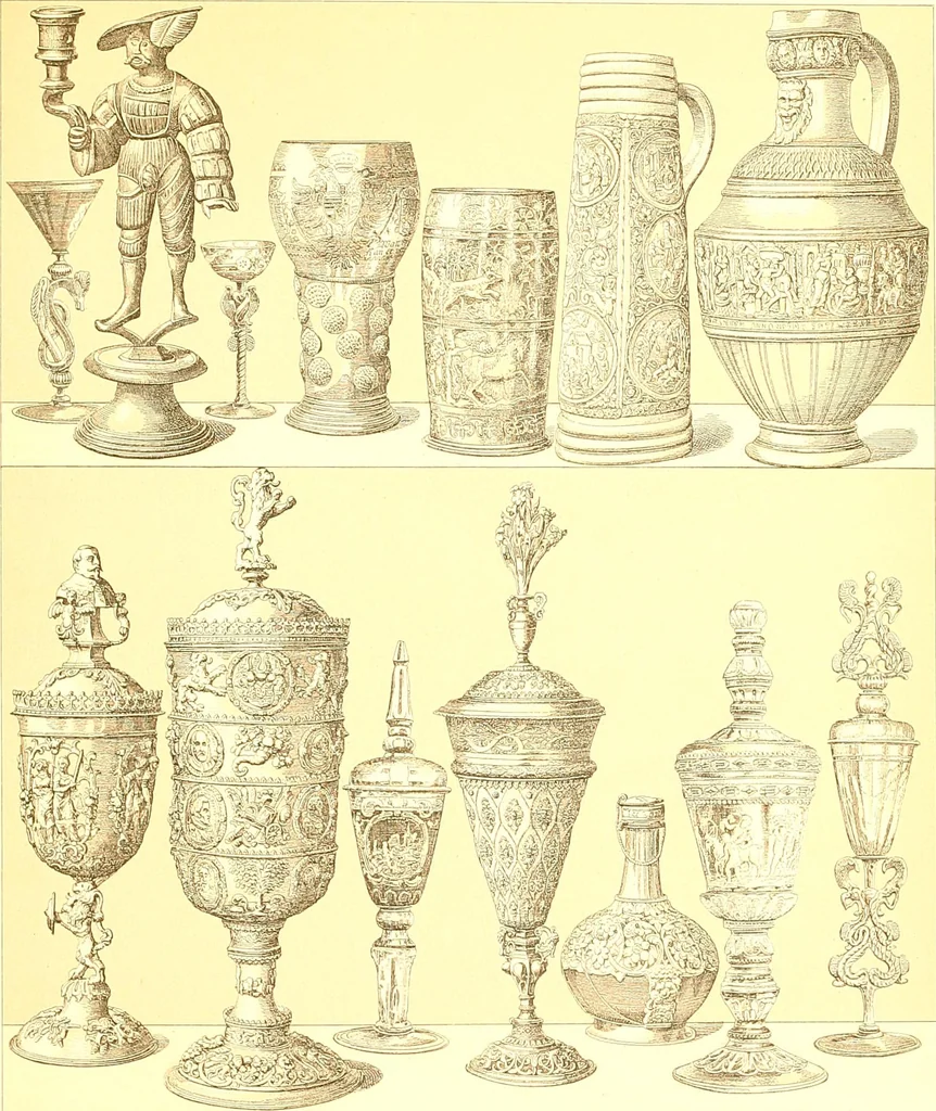 An illustration from Le costume historique. Cinq cents planches, trois cents en couleurs, or et argent, deux cents en camaieu. Types principaux du vêtement et de la parure, rapprochés de ceux de l'intérieur de l'habitation dans tous les temps et chez tous les peuples, avec de nombreux détails sur le mobilier, les armes, les objets usuels, les moyens de transport, etc, 1888, leaf 36