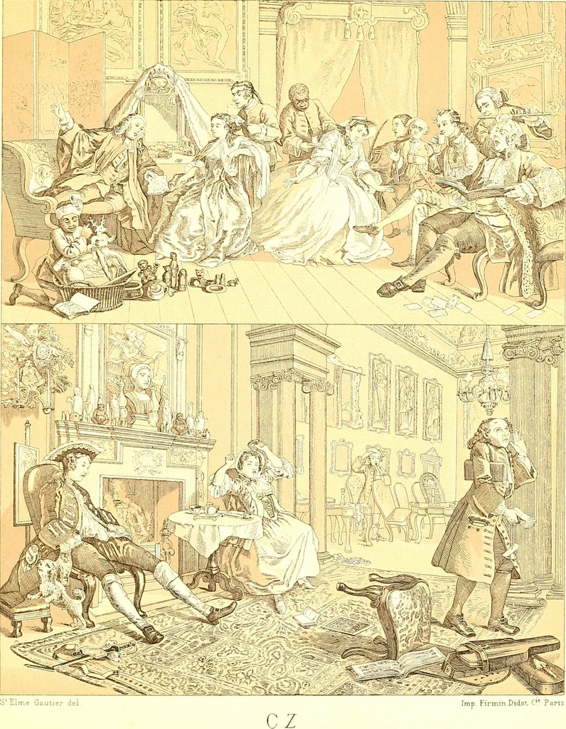 An illustration from Le costume historique. Cinq cents planches, trois cents en couleurs, or et argent, deux cents en camaieu. Types principaux du vêtement et de la parure, rapprochés de ceux de l'intérieur de l'habitation dans tous les temps et chez tous les peuples, avec de nombreux détails sur le mobilier, les armes, les objets usuels, les moyens de transport, etc, 1888, leaf 366