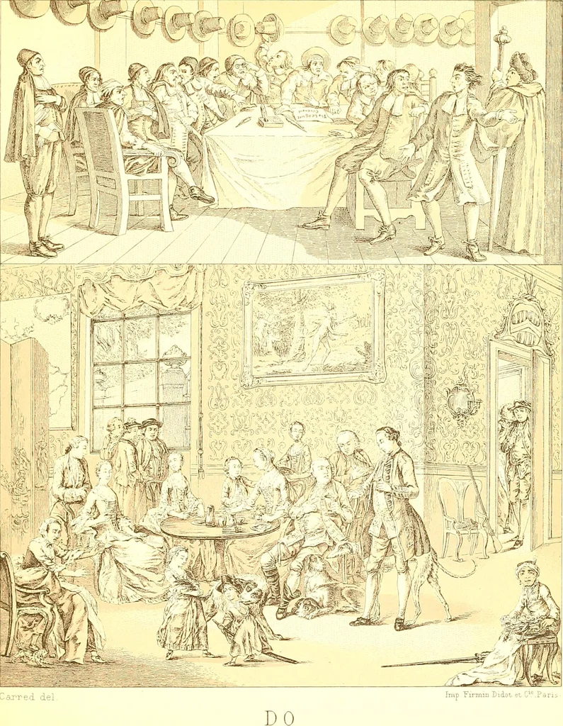 An illustration from Le costume historique. Cinq cents planches, trois cents en couleurs, or et argent, deux cents en camaieu. Types principaux du vêtement et de la parure, rapprochés de ceux de l'intérieur de l'habitation dans tous les temps et chez tous les peuples, avec de nombreux détails sur le mobilier, les armes, les objets usuels, les moyens de transport, etc, 1888, leaf 372