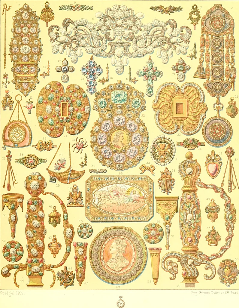 An illustration from Le costume historique. Cinq cents planches, trois cents en couleurs, or et argent, deux cents en camaieu. Types principaux du vêtement et de la parure, rapprochés de ceux de l'intérieur de l'habitation dans tous les temps et chez tous les peuples, avec de nombreux détails sur le mobilier, les armes, les objets usuels, les moyens de transport, etc, 1888, leaf 376