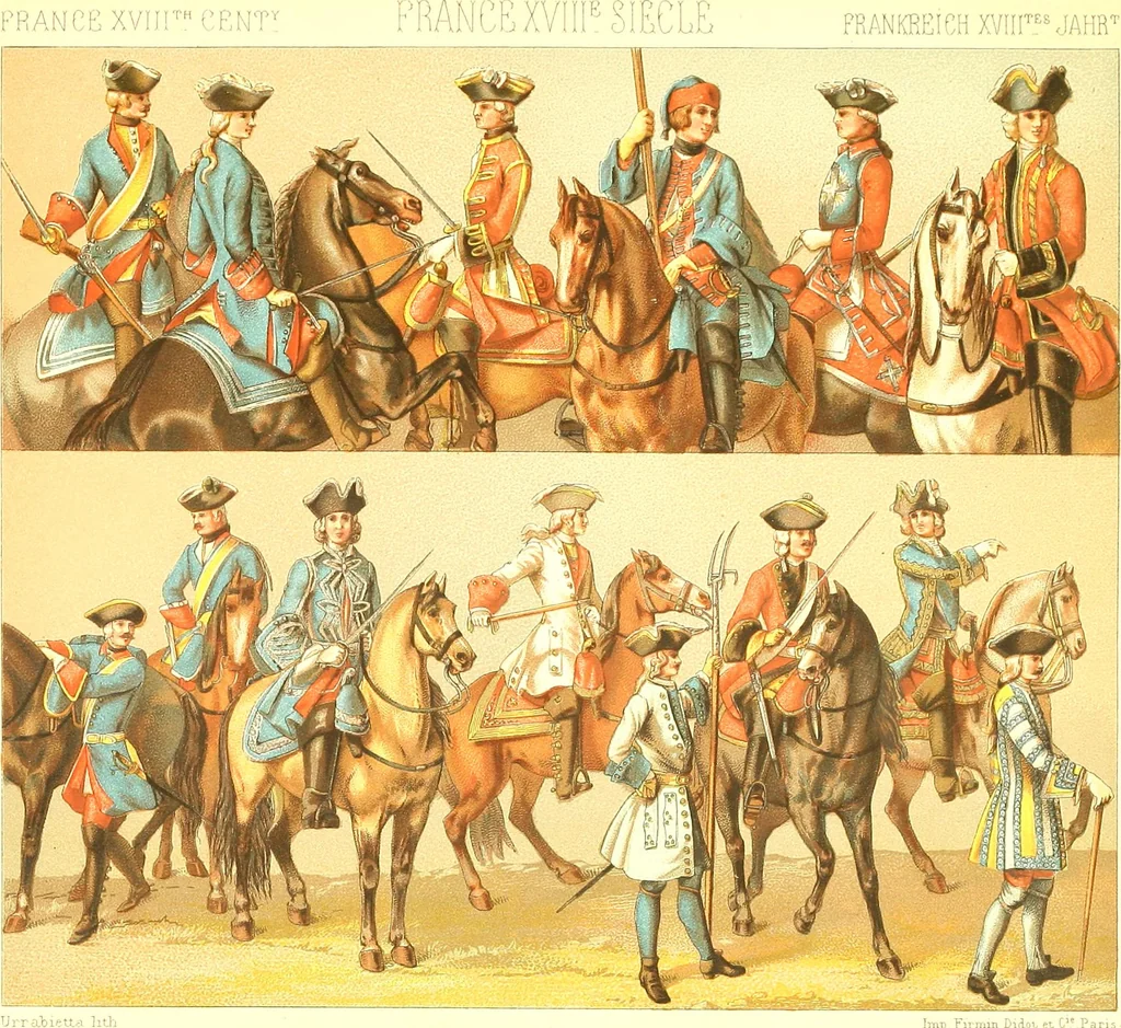 An illustration from Le costume historique. Cinq cents planches, trois cents en couleurs, or et argent, deux cents en camaieu. Types principaux du vêtement et de la parure, rapprochés de ceux de l'intérieur de l'habitation dans tous les temps et chez tous les peuples, avec de nombreux détails sur le mobilier, les armes, les objets usuels, les moyens de transport, etc, 1888, leaf 382