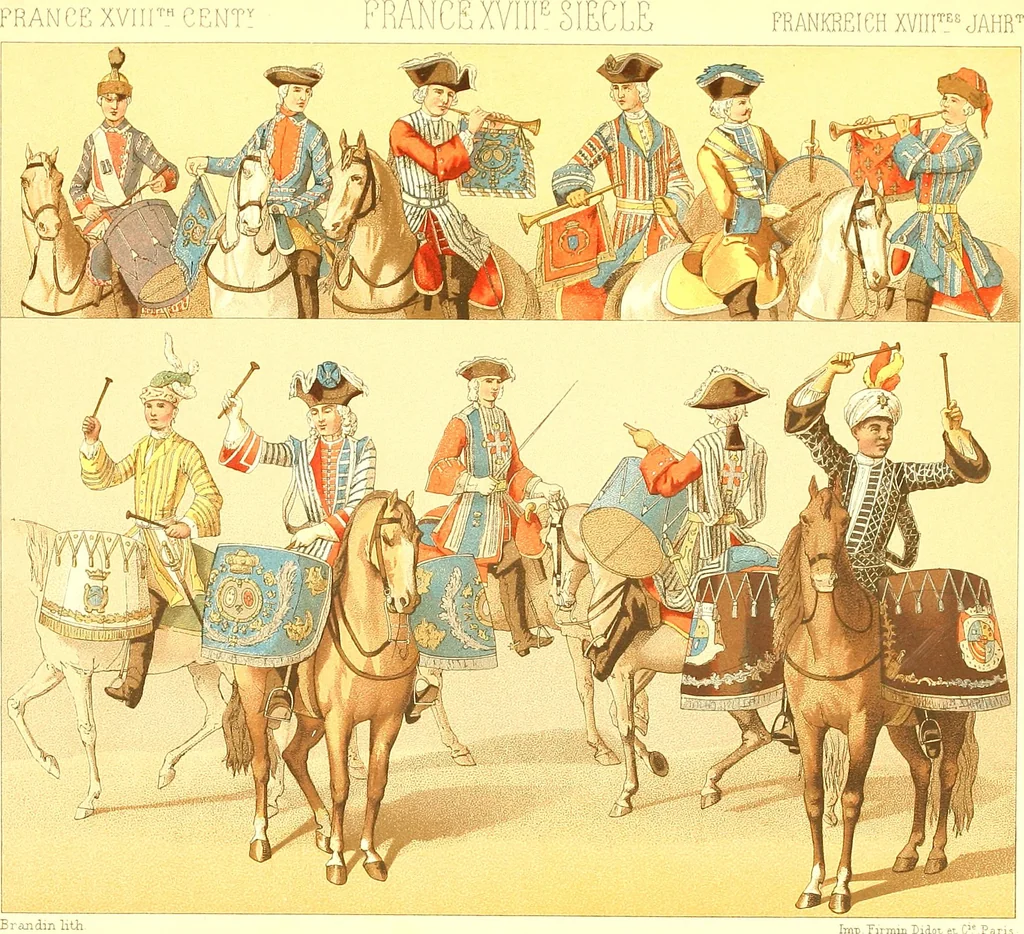 An illustration from Le costume historique. Cinq cents planches, trois cents en couleurs, or et argent, deux cents en camaieu. Types principaux du vêtement et de la parure, rapprochés de ceux de l'intérieur de l'habitation dans tous les temps et chez tous les peuples, avec de nombreux détails sur le mobilier, les armes, les objets usuels, les moyens de transport, etc, 1888, leaf 388