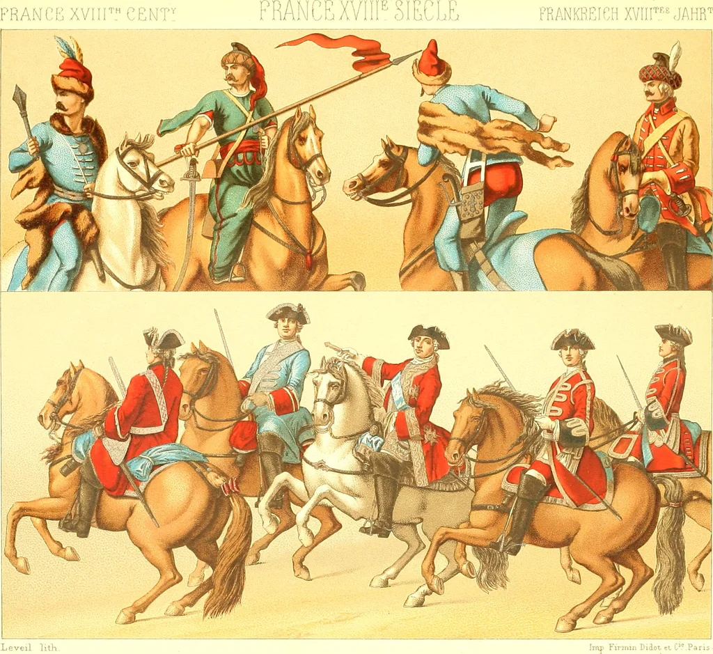 An illustration from Le costume historique. Cinq cents planches, trois cents en couleurs, or et argent, deux cents en camaieu. Types principaux du vêtement et de la parure, rapprochés de ceux de l'intérieur de l'habitation dans tous les temps et chez tous les peuples, avec de nombreux détails sur le mobilier, les armes, les objets usuels, les moyens de transport, etc, 1888, leaf 392