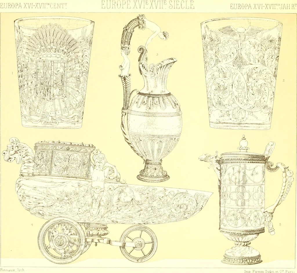 An illustration from Le costume historique. Cinq cents planches, trois cents en couleurs, or et argent, deux cents en camaieu. Types principaux du vêtement et de la parure, rapprochés de ceux de l'intérieur de l'habitation dans tous les temps et chez tous les peuples, avec de nombreux détails sur le mobilier, les armes, les objets usuels, les moyens de transport, etc, 1888, leaf 40