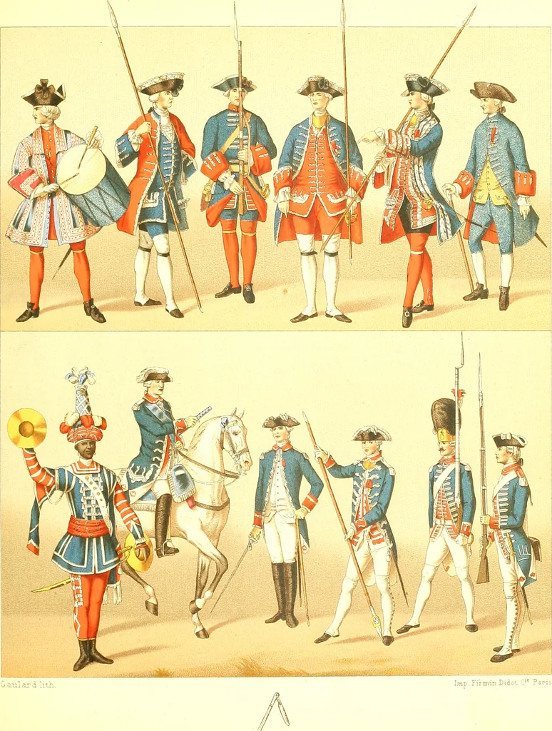 An illustration from Le costume historique. Cinq cents planches, trois cents en couleurs, or et argent, deux cents en camaieu. Types principaux du vêtement et de la parure, rapprochés de ceux de l'intérieur de l'habitation dans tous les temps et chez tous les peuples, avec de nombreux détails sur le mobilier, les armes, les objets usuels, les moyens de transport, etc, 1888, leaf 406