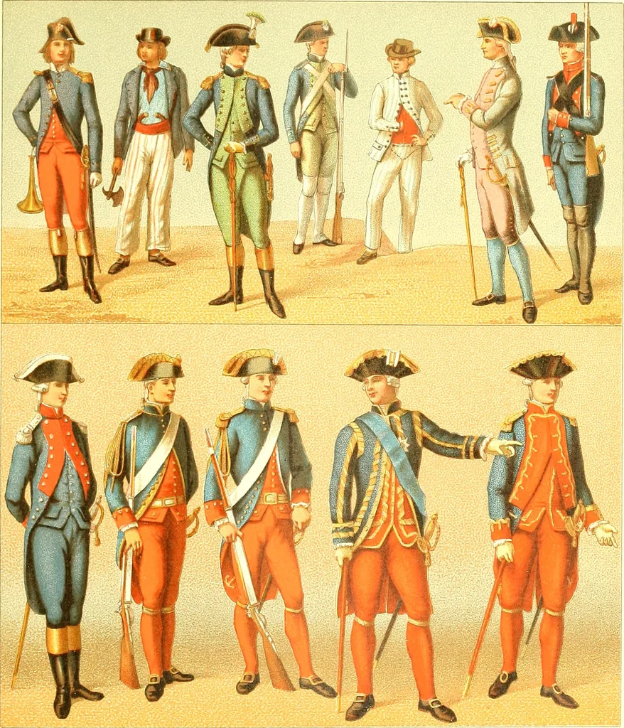 An illustration from Le costume historique. Cinq cents planches, trois cents en couleurs, or et argent, deux cents en camaieu. Types principaux du vêtement et de la parure, rapprochés de ceux de l'intérieur de l'habitation dans tous les temps et chez tous les peuples, avec de nombreux détails sur le mobilier, les armes, les objets usuels, les moyens de transport, etc, 1888, leaf 410