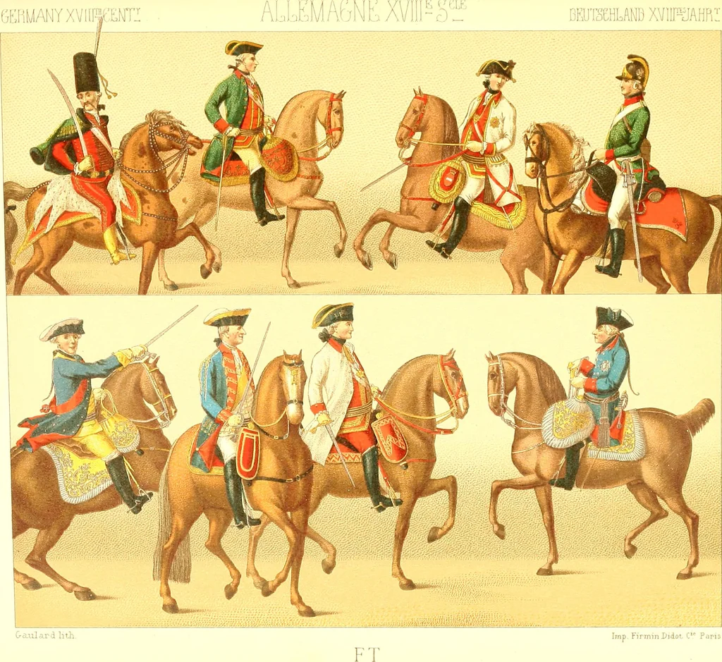 An illustration from Le costume historique. Cinq cents planches, trois cents en couleurs, or et argent, deux cents en camaieu. Types principaux du vêtement et de la parure, rapprochés de ceux de l'intérieur de l'habitation dans tous les temps et chez tous les peuples, avec de nombreux détails sur le mobilier, les armes, les objets usuels, les moyens de transport, etc, 1888, leaf 416