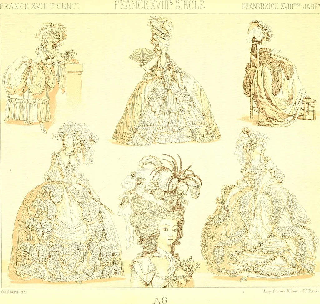 An illustration from Le costume historique. Cinq cents planches, trois cents en couleurs, or et argent, deux cents en camaieu. Types principaux du vêtement et de la parure, rapprochés de ceux de l'intérieur de l'habitation dans tous les temps et chez tous les peuples, avec de nombreux détails sur le mobilier, les armes, les objets usuels, les moyens de transport, etc, 1888, leaf 420