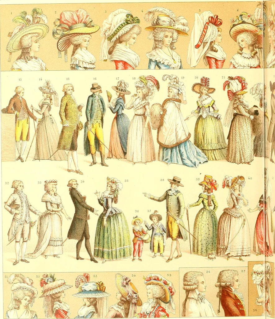 An illustration from Le costume historique. Cinq cents planches, trois cents en couleurs, or et argent, deux cents en camaieu. Types principaux du vêtement et de la parure, rapprochés de ceux de l'intérieur de l'habitation dans tous les temps et chez tous les peuples, avec de nombreux détails sur le mobilier, les armes, les objets usuels, les moyens de transport, etc, 1888, leaf 439