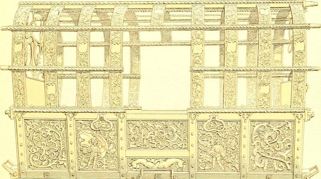 An illustration from Le costume historique. Cinq cents planches, trois cents en couleurs, or et argent, deux cents en camaieu. Types principaux du vêtement et de la parure, rapprochés de ceux de l'intérieur de l'habitation dans tous les temps et chez tous les peuples, avec de nombreux détails sur le mobilier, les armes, les objets usuels, les moyens de transport, etc, 1888, leaf 44