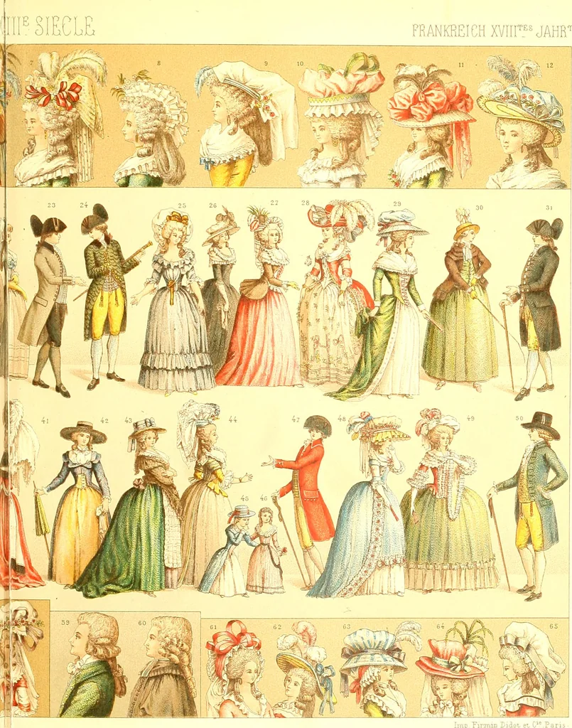 An illustration from Le costume historique. Cinq cents planches, trois cents en couleurs, or et argent, deux cents en camaieu. Types principaux du vêtement et de la parure, rapprochés de ceux de l'intérieur de l'habitation dans tous les temps et chez tous les peuples, avec de nombreux détails sur le mobilier, les armes, les objets usuels, les moyens de transport, etc, 1888, leaf 440