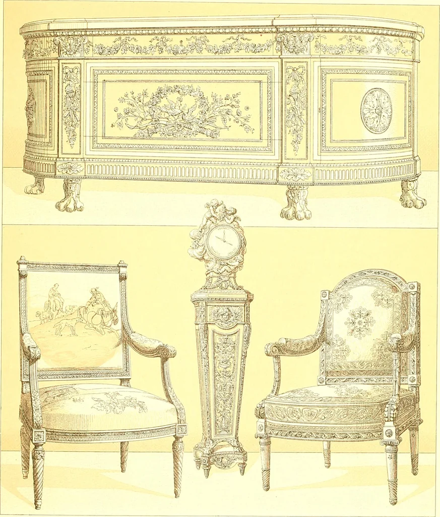 An illustration from Le costume historique. Cinq cents planches, trois cents en couleurs, or et argent, deux cents en camaieu. Types principaux du vêtement et de la parure, rapprochés de ceux de l'intérieur de l'habitation dans tous les temps et chez tous les peuples, avec de nombreux détails sur le mobilier, les armes, les objets usuels, les moyens de transport, etc, 1888, leaf 464