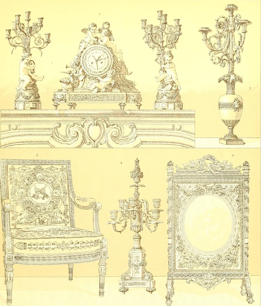 An illustration from Le costume historique. Cinq cents planches, trois cents en couleurs, or et argent, deux cents en camaieu. Types principaux du vêtement et de la parure, rapprochés de ceux de l'intérieur de l'habitation dans tous les temps et chez tous les peuples, avec de nombreux détails sur le mobilier, les armes, les objets usuels, les moyens de transport, etc, 1888, leaf 468