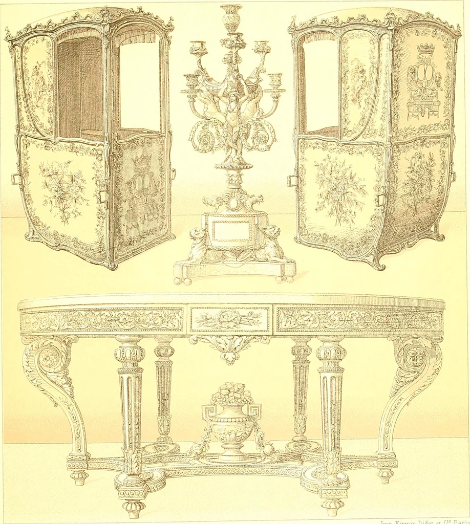 An illustration from Le costume historique. Cinq cents planches, trois cents en couleurs, or et argent, deux cents en camaieu. Types principaux du vêtement et de la parure, rapprochés de ceux de l'intérieur de l'habitation dans tous les temps et chez tous les peuples, avec de nombreux détails sur le mobilier, les armes, les objets usuels, les moyens de transport, etc, 1888, leaf 472