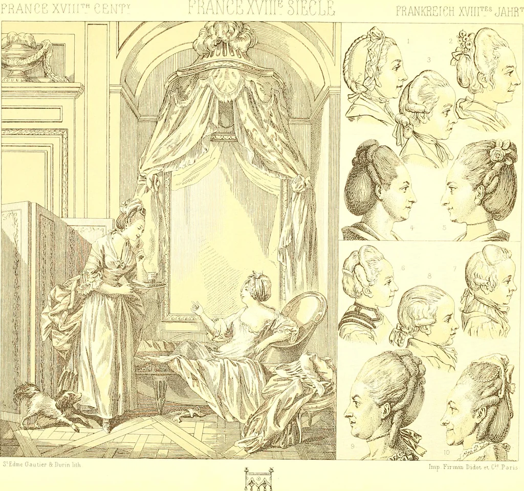 An illustration from Le costume historique. Cinq cents planches, trois cents en couleurs, or et argent, deux cents en camaieu. Types principaux du vêtement et de la parure, rapprochés de ceux de l'intérieur de l'habitation dans tous les temps et chez tous les peuples, avec de nombreux détails sur le mobilier, les armes, les objets usuels, les moyens de transport, etc, 1888, leaf 476