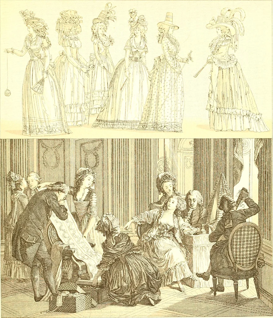 An illustration from Le costume historique. Cinq cents planches, trois cents en couleurs, or et argent, deux cents en camaieu. Types principaux du vêtement et de la parure, rapprochés de ceux de l'intérieur de l'habitation dans tous les temps et chez tous les peuples, avec de nombreux détails sur le mobilier, les armes, les objets usuels, les moyens de transport, etc, 1888, leaf 480