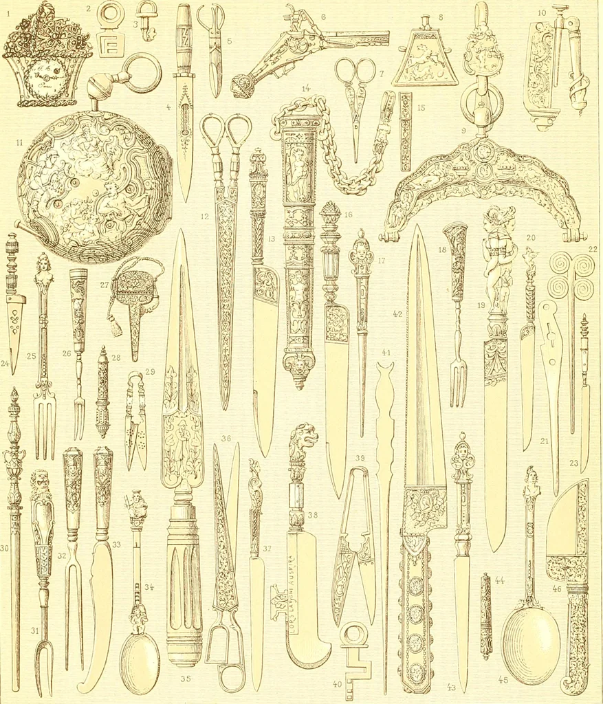 An illustration from Le costume historique. Cinq cents planches, trois cents en couleurs, or et argent, deux cents en camaieu. Types principaux du vêtement et de la parure, rapprochés de ceux de l'intérieur de l'habitation dans tous les temps et chez tous les peuples, avec de nombreux détails sur le mobilier, les armes, les objets usuels, les moyens de transport, etc, 1888, leaf 488