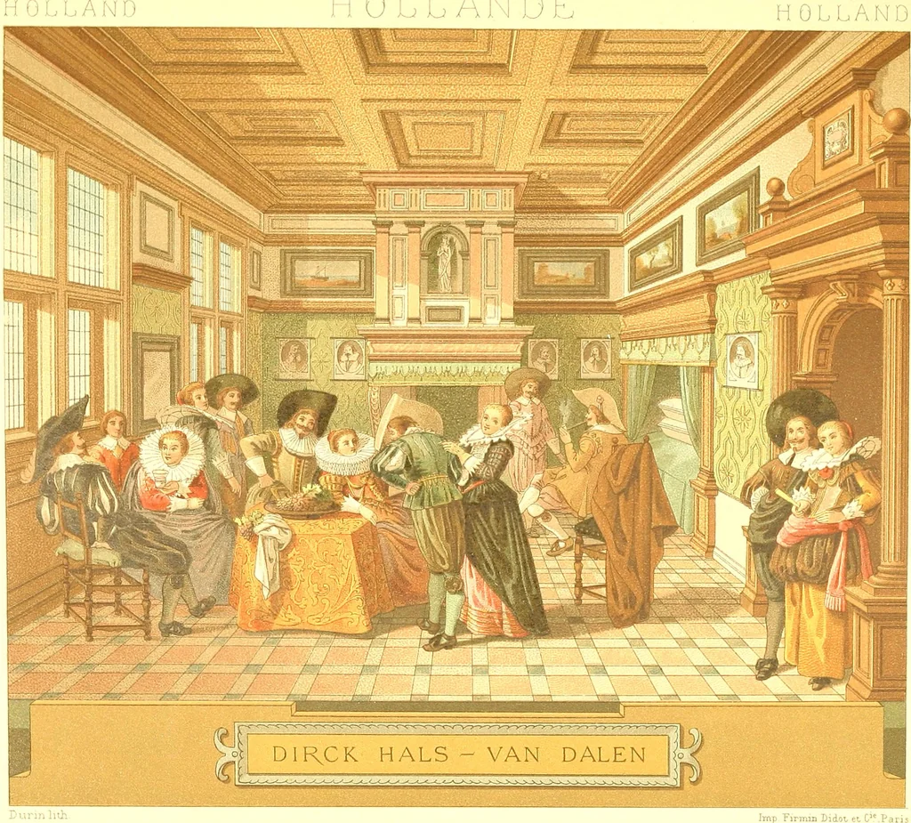 An illustration from Le costume historique. Cinq cents planches, trois cents en couleurs, or et argent, deux cents en camaieu. Types principaux du vêtement et de la parure, rapprochés de ceux de l'intérieur de l'habitation dans tous les temps et chez tous les peuples, avec de nombreux détails sur le mobilier, les armes, les objets usuels, les moyens de transport, etc, 1888, leaf 54