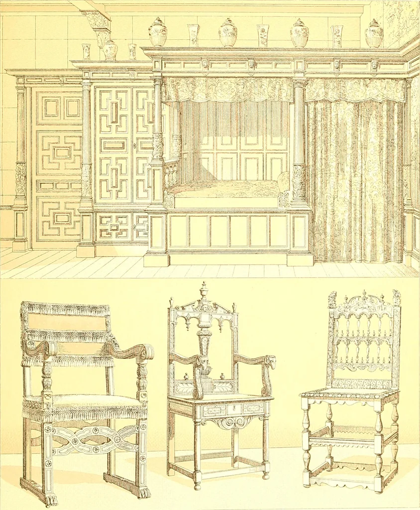 An illustration from Le costume historique. Cinq cents planches, trois cents en couleurs, or et argent, deux cents en camaieu. Types principaux du vêtement et de la parure, rapprochés de ceux de l'intérieur de l'habitation dans tous les temps et chez tous les peuples, avec de nombreux détails sur le mobilier, les armes, les objets usuels, les moyens de transport, etc, 1888, leaf 58