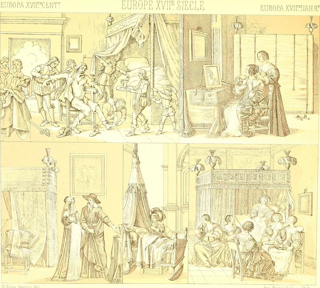 An illustration from Le costume historique. Cinq cents planches, trois cents en couleurs, or et argent, deux cents en camaieu. Types principaux du vêtement et de la parure, rapprochés de ceux de l'intérieur de l'habitation dans tous les temps et chez tous les peuples, avec de nombreux détails sur le mobilier, les armes, les objets usuels, les moyens de transport, etc, 1888, leaf 60