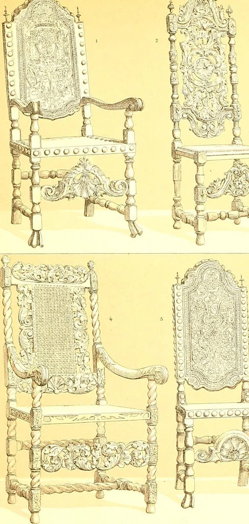 An illustration from Le costume historique. Cinq cents planches, trois cents en couleurs, or et argent, deux cents en camaieu. Types principaux du vêtement et de la parure, rapprochés de ceux de l'intérieur de l'habitation dans tous les temps et chez tous les peuples, avec de nombreux détails sur le mobilier, les armes, les objets usuels, les moyens de transport, etc, 1888, leaf 66