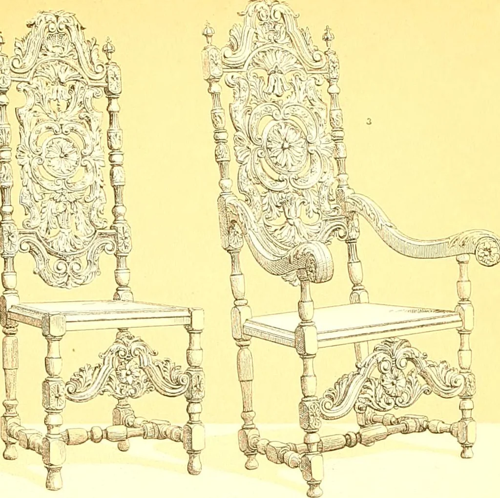 An illustration from Le costume historique. Cinq cents planches, trois cents en couleurs, or et argent, deux cents en camaieu. Types principaux du vêtement et de la parure, rapprochés de ceux de l'intérieur de l'habitation dans tous les temps et chez tous les peuples, avec de nombreux détails sur le mobilier, les armes, les objets usuels, les moyens de transport, etc, 1888, leaf 66