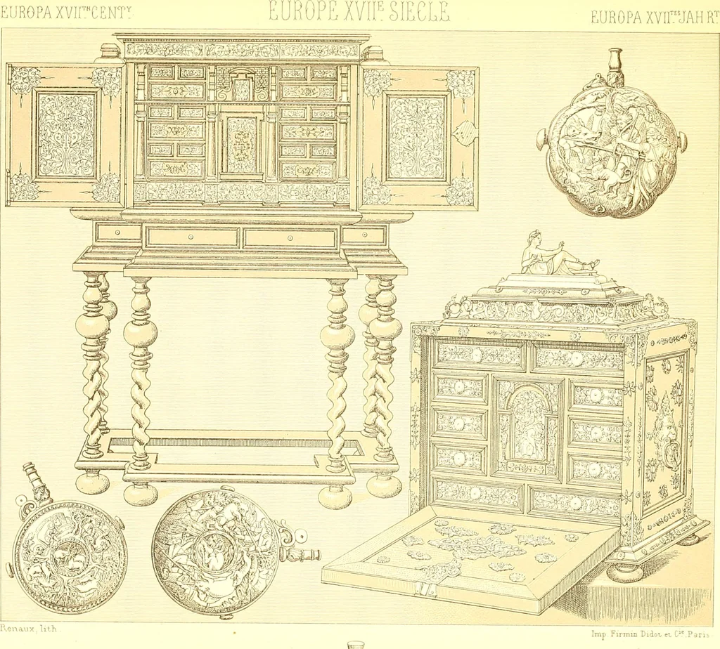 An illustration from Le costume historique. Cinq cents planches, trois cents en couleurs, or et argent, deux cents en camaieu. Types principaux du vêtement et de la parure, rapprochés de ceux de l'intérieur de l'habitation dans tous les temps et chez tous les peuples, avec de nombreux détails sur le mobilier, les armes, les objets usuels, les moyens de transport, etc, 1888, leaf 70
