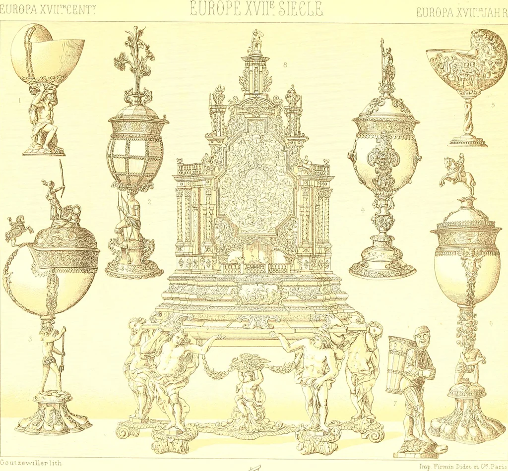 An illustration from Le costume historique. Cinq cents planches, trois cents en couleurs, or et argent, deux cents en camaieu. Types principaux du vêtement et de la parure, rapprochés de ceux de l'intérieur de l'habitation dans tous les temps et chez tous les peuples, avec de nombreux détails sur le mobilier, les armes, les objets usuels, les moyens de transport, etc, 1888, leaf 74