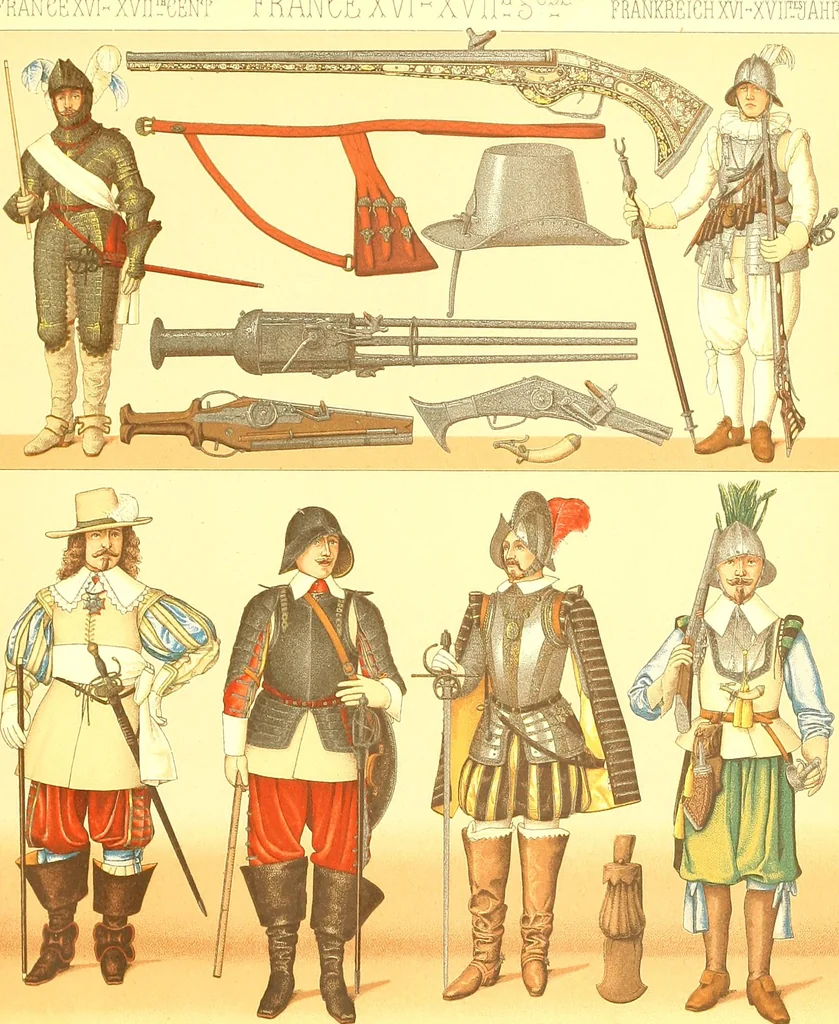 An illustration from Le costume historique. Cinq cents planches, trois cents en couleurs, or et argent, deux cents en camaieu. Types principaux du vêtement et de la parure, rapprochés de ceux de l'intérieur de l'habitation dans tous les temps et chez tous les peuples, avec de nombreux détails sur le mobilier, les armes, les objets usuels, les moyens de transport, etc, 1888, leaf 8