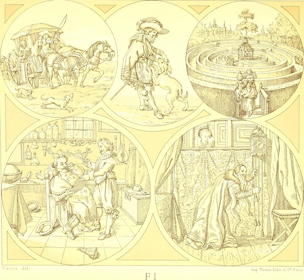 An illustration from Le costume historique. Cinq cents planches, trois cents en couleurs, or et argent, deux cents en camaieu. Types principaux du vêtement et de la parure, rapprochés de ceux de l'intérieur de l'habitation dans tous les temps et chez tous les peuples, avec de nombreux détails sur le mobilier, les armes, les objets usuels, les moyens de transport, etc, 1888, leaf 84