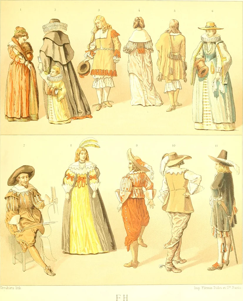 An illustration from Le costume historique. Cinq cents planches, trois cents en couleurs, or et argent, deux cents en camaieu. Types principaux du vêtement et de la parure, rapprochés de ceux de l'intérieur de l'habitation dans tous les temps et chez tous les peuples, avec de nombreux détails sur le mobilier, les armes, les objets usuels, les moyens de transport, etc, 1888, leaf 88