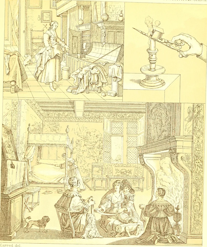 An illustration from Le costume historique. Cinq cents planches, trois cents en couleurs, or et argent, deux cents en camaieu. Types principaux du vêtement et de la parure, rapprochés de ceux de l'intérieur de l'habitation dans tous les temps et chez tous les peuples, avec de nombreux détails sur le mobilier, les armes, les objets usuels, les moyens de transport, etc, 1888, leaf 92
