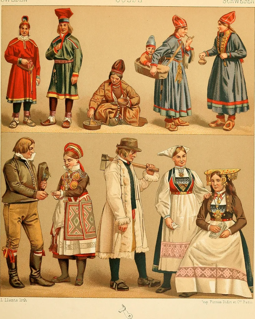 An illustration from Le costume historique. Cinq cents planches, trois cents en couleurs, or et argent, deux cents en camaieu. Types principaux du vêtement et de la parure, rapprochés de ceux de l'intérieur de l'habitation dans tous les temps et chez tous les peuples, avec de nombreux détails sur le mobilier, les armes, les objets usuels, les moyens de transport, etc, 1888, leaf 102