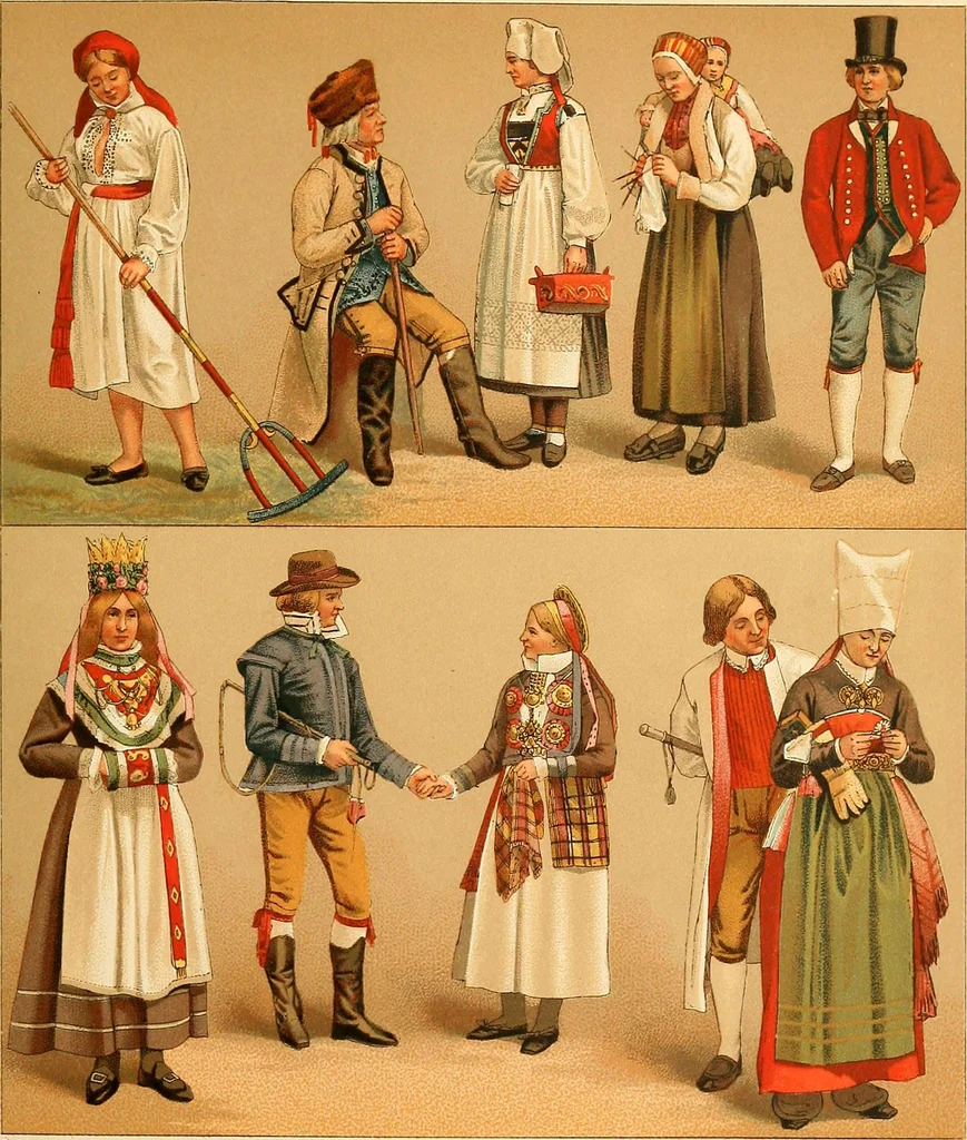 An illustration from Le costume historique. Cinq cents planches, trois cents en couleurs, or et argent, deux cents en camaieu. Types principaux du vêtement et de la parure, rapprochés de ceux de l'intérieur de l'habitation dans tous les temps et chez tous les peuples, avec de nombreux détails sur le mobilier, les armes, les objets usuels, les moyens de transport, etc, 1888, leaf 106