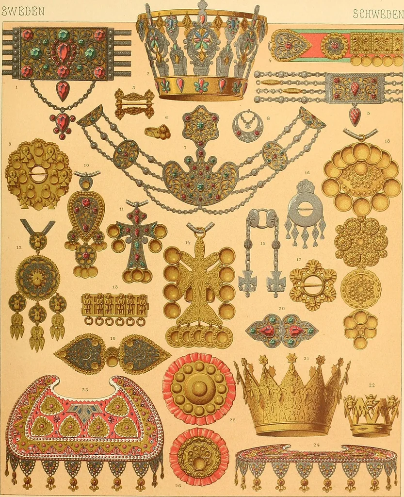 An illustration from Le costume historique. Cinq cents planches, trois cents en couleurs, or et argent, deux cents en camaieu. Types principaux du vêtement et de la parure, rapprochés de ceux de l'intérieur de l'habitation dans tous les temps et chez tous les peuples, avec de nombreux détails sur le mobilier, les armes, les objets usuels, les moyens de transport, etc, 1888, leaf 116
