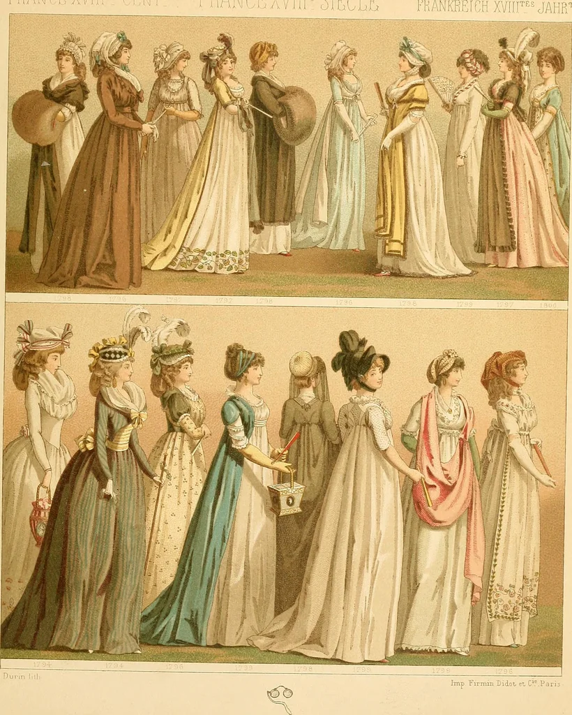 An illustration from Le costume historique. Cinq cents planches, trois cents en couleurs, or et argent, deux cents en camaieu. Types principaux du vêtement et de la parure, rapprochés de ceux de l'intérieur de l'habitation dans tous les temps et chez tous les peuples, avec de nombreux détails sur le mobilier, les armes, les objets usuels, les moyens de transport, etc, 1888, leaf 12