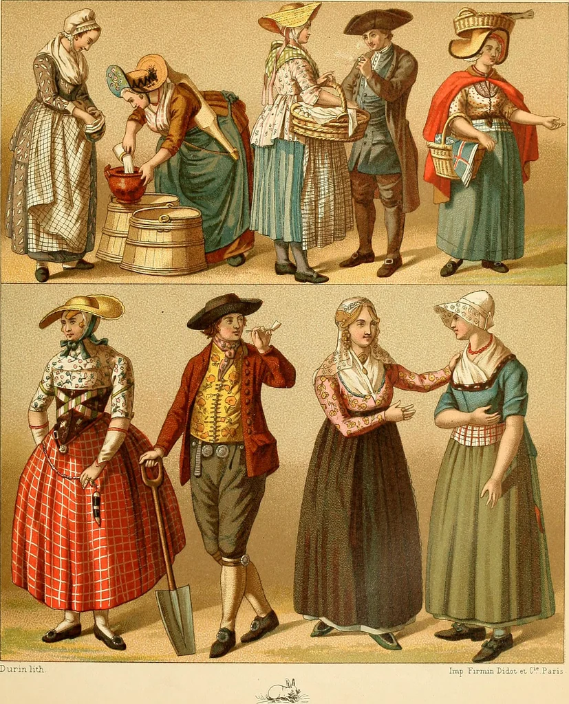 An illustration from Le costume historique. Cinq cents planches, trois cents en couleurs, or et argent, deux cents en camaieu. Types principaux du vêtement et de la parure, rapprochés de ceux de l'intérieur de l'habitation dans tous les temps et chez tous les peuples, avec de nombreux détails sur le mobilier, les armes, les objets usuels, les moyens de transport, etc, 1888, leaf 134