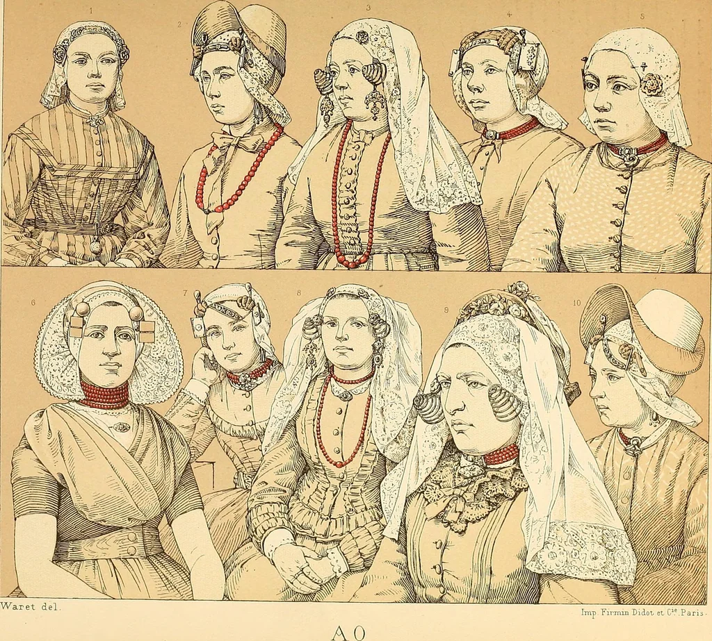 An illustration from Le costume historique. Cinq cents planches, trois cents en couleurs, or et argent, deux cents en camaieu. Types principaux du vêtement et de la parure, rapprochés de ceux de l'intérieur de l'habitation dans tous les temps et chez tous les peuples, avec de nombreux détails sur le mobilier, les armes, les objets usuels, les moyens de transport, etc, 1888, leaf 148