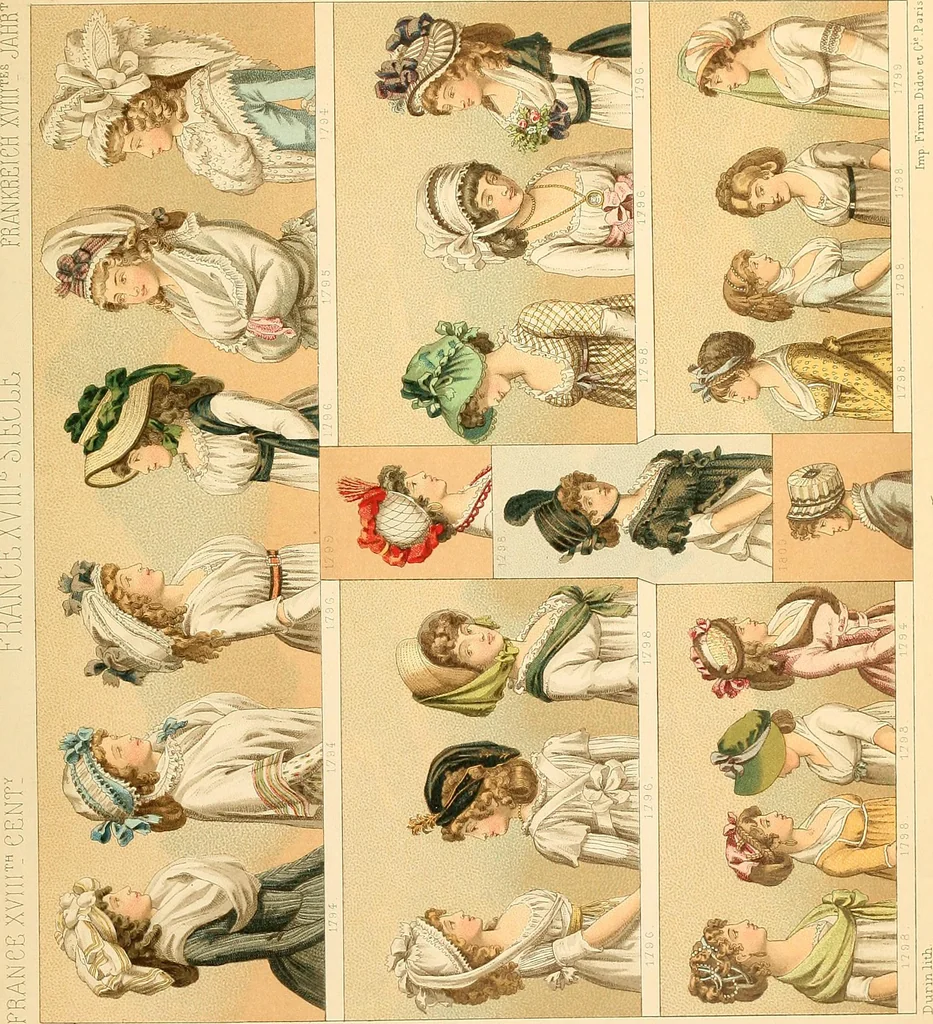 An illustration from Le costume historique. Cinq cents planches, trois cents en couleurs, or et argent, deux cents en camaieu. Types principaux du vêtement et de la parure, rapprochés de ceux de l'intérieur de l'habitation dans tous les temps et chez tous les peuples, avec de nombreux détails sur le mobilier, les armes, les objets usuels, les moyens de transport, etc, 1888, leaf 16