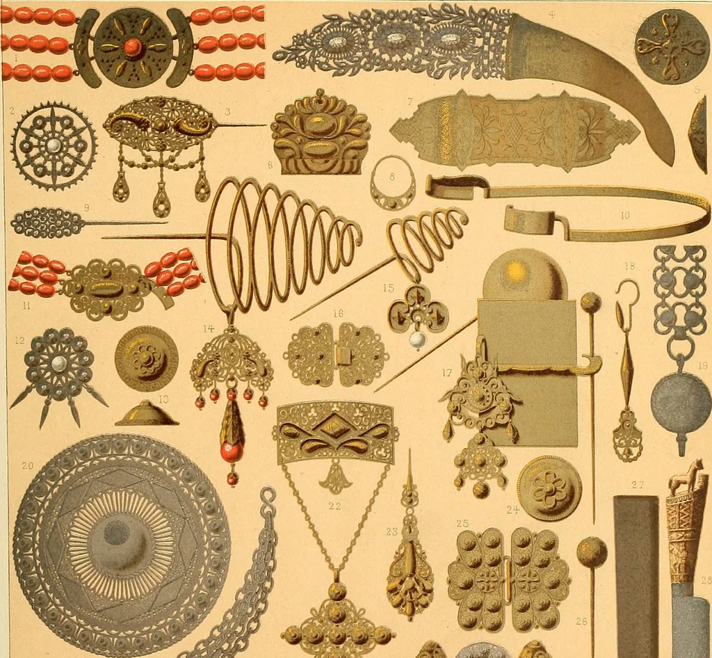 An illustration from Le costume historique. Cinq cents planches, trois cents en couleurs, or et argent, deux cents en camaieu. Types principaux du vêtement et de la parure, rapprochés de ceux de l'intérieur de l'habitation dans tous les temps et chez tous les peuples, avec de nombreux détails sur le mobilier, les armes, les objets usuels, les moyens de transport, etc, 1888, leaf 160