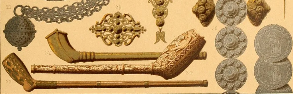 An illustration from Le costume historique. Cinq cents planches, trois cents en couleurs, or et argent, deux cents en camaieu. Types principaux du vêtement et de la parure, rapprochés de ceux de l'intérieur de l'habitation dans tous les temps et chez tous les peuples, avec de nombreux détails sur le mobilier, les armes, les objets usuels, les moyens de transport, etc, 1888, leaf 160