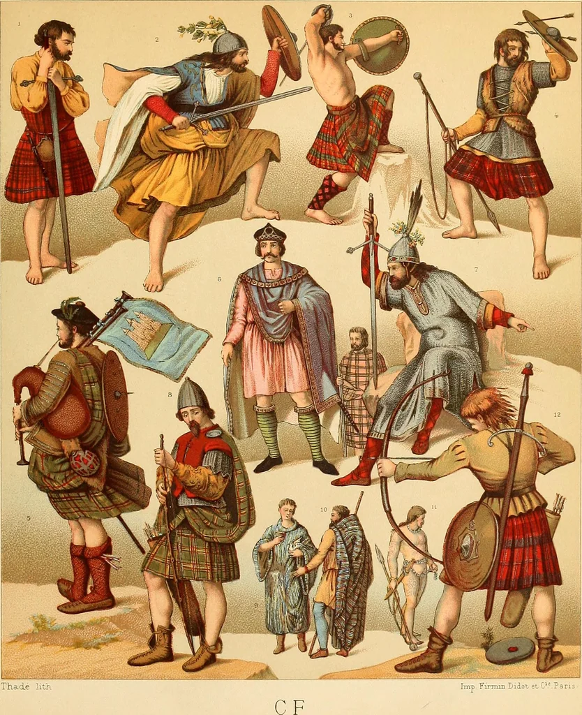 An illustration from Le costume historique. Cinq cents planches, trois cents en couleurs, or et argent, deux cents en camaieu. Types principaux du vêtement et de la parure, rapprochés de ceux de l'intérieur de l'habitation dans tous les temps et chez tous les peuples, avec de nombreux détails sur le mobilier, les armes, les objets usuels, les moyens de transport, etc, 1888, leaf 172