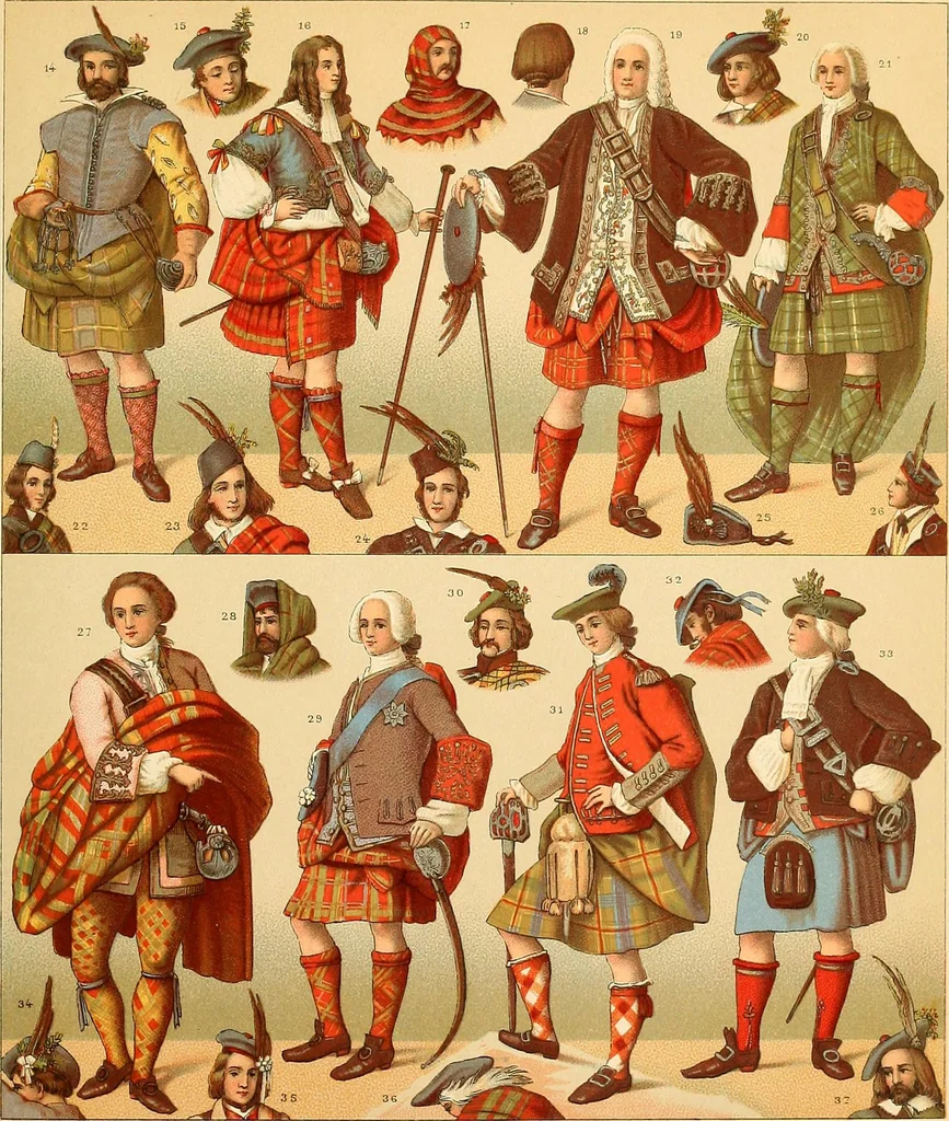 An illustration from Le costume historique. Cinq cents planches, trois cents en couleurs, or et argent, deux cents en camaieu. Types principaux du vêtement et de la parure, rapprochés de ceux de l'intérieur de l'habitation dans tous les temps et chez tous les peuples, avec de nombreux détails sur le mobilier, les armes, les objets usuels, les moyens de transport, etc, 1888, leaf 174