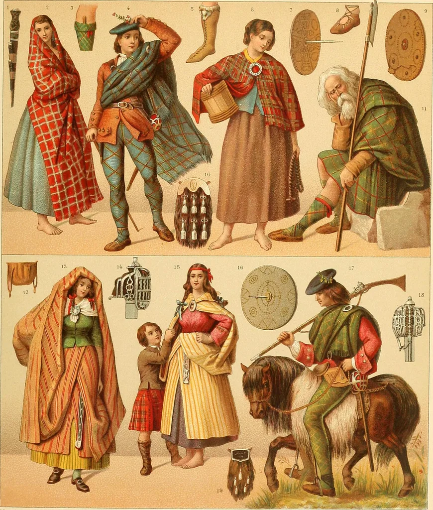 An illustration from Le costume historique. Cinq cents planches, trois cents en couleurs, or et argent, deux cents en camaieu. Types principaux du vêtement et de la parure, rapprochés de ceux de l'intérieur de l'habitation dans tous les temps et chez tous les peuples, avec de nombreux détails sur le mobilier, les armes, les objets usuels, les moyens de transport, etc, 1888, leaf 182
