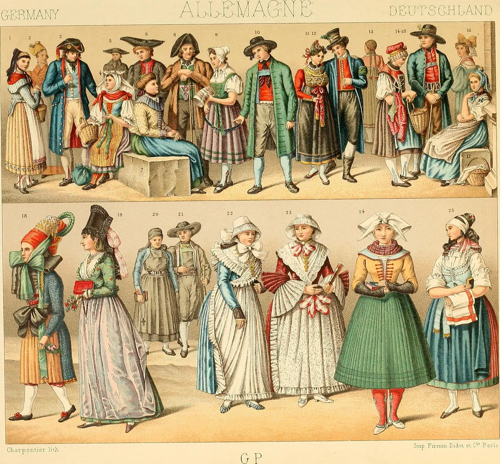An illustration from Le costume historique. Cinq cents planches, trois cents en couleurs, or et argent, deux cents en camaieu. Types principaux du vêtement et de la parure, rapprochés de ceux de l'intérieur de l'habitation dans tous les temps et chez tous les peuples, avec de nombreux détails sur le mobilier, les armes, les objets usuels, les moyens de transport, etc, 1888, leaf 210