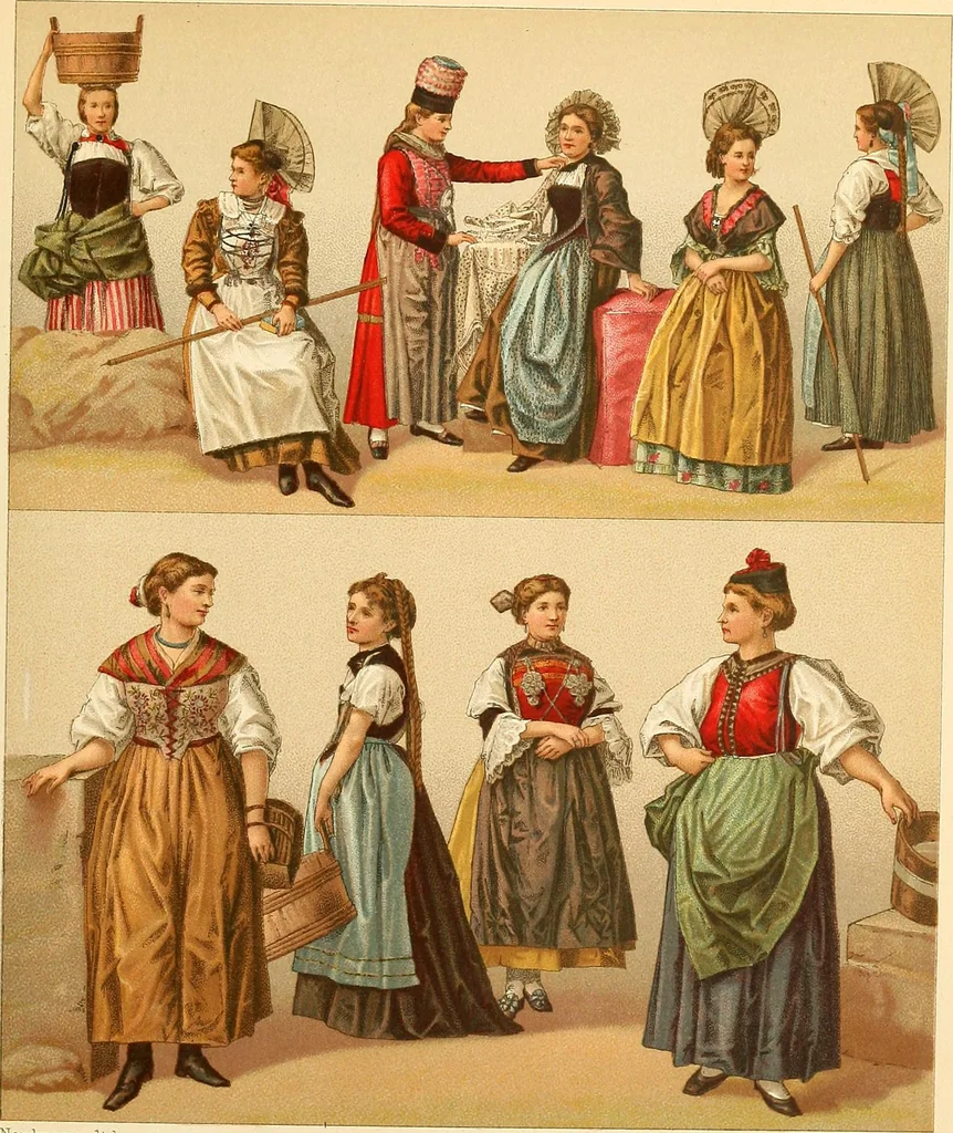 An illustration from Le costume historique. Cinq cents planches, trois cents en couleurs, or et argent, deux cents en camaieu. Types principaux du vêtement et de la parure, rapprochés de ceux de l'intérieur de l'habitation dans tous les temps et chez tous les peuples, avec de nombreux détails sur le mobilier, les armes, les objets usuels, les moyens de transport, etc, 1888, leaf 230