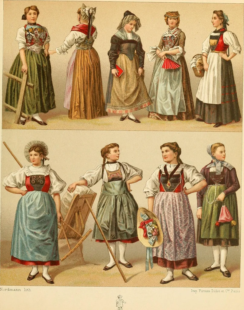 An illustration from Le costume historique. Cinq cents planches, trois cents en couleurs, or et argent, deux cents en camaieu. Types principaux du vêtement et de la parure, rapprochés de ceux de l'intérieur de l'habitation dans tous les temps et chez tous les peuples, avec de nombreux détails sur le mobilier, les armes, les objets usuels, les moyens de transport, etc, 1888, leaf 234