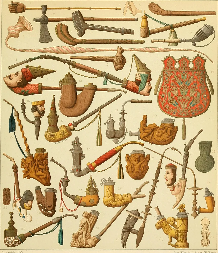 An illustration from Le costume historique. Cinq cents planches, trois cents en couleurs, or et argent, deux cents en camaieu. Types principaux du vêtement et de la parure, rapprochés de ceux de l'intérieur de l'habitation dans tous les temps et chez tous les peuples, avec de nombreux détails sur le mobilier, les armes, les objets usuels, les moyens de transport, etc, 1888, leaf 240